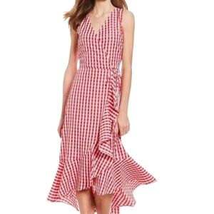 SugarLips Women Wrap Dress Red White check sleeveless Ruffle Asymmetrical Size L